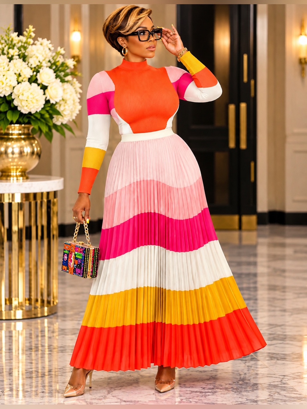 Plus Size Colorblock Pleated Maxi Skirt 2 Piece Set 2X